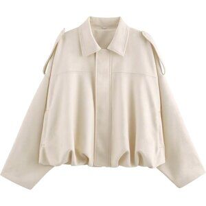 Women's 01 Beige Pocket Faux Bomber Jacket Coat Streetwear Winter Long Sleeves